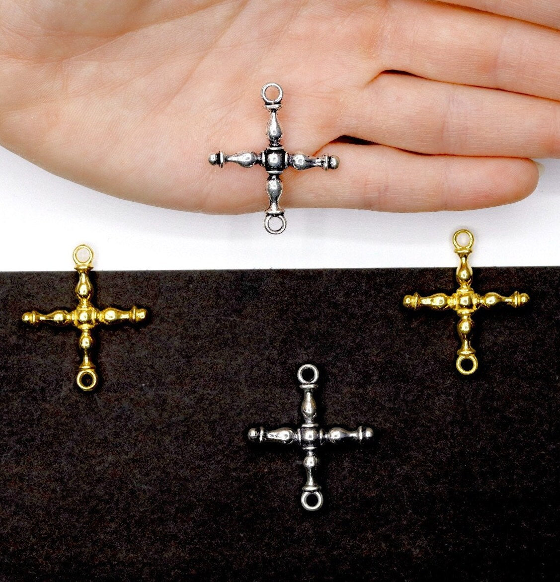 925 Sterling Silver & 24K Gold Vermeil Cross Pendant, German Credo Pendant Cross, Jewelry Supply, R28P-RV28P