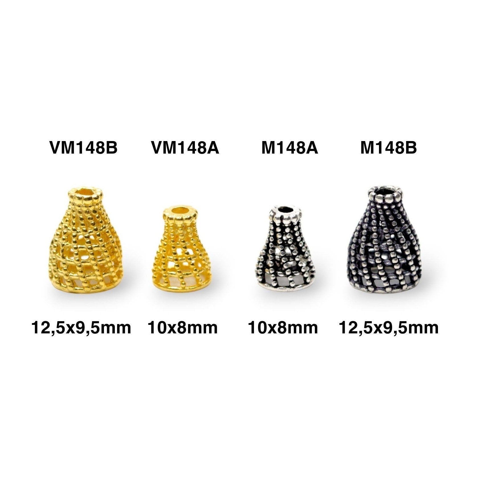 925 Sterling Silver & 24K Gold Vermeil Funnel Beads, Silver Bead Caps, End beads For Jewelry Making, M/VM148 A-B