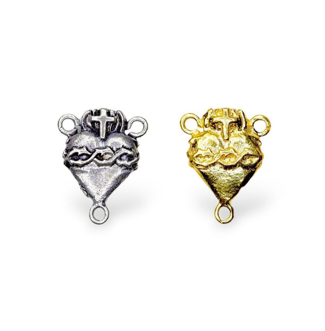 925 Sterling Silver & 24K Gold Vermeil double sided sacred heart and crown of thorns Rosary Center, Jewelry Supply, R26-RV26