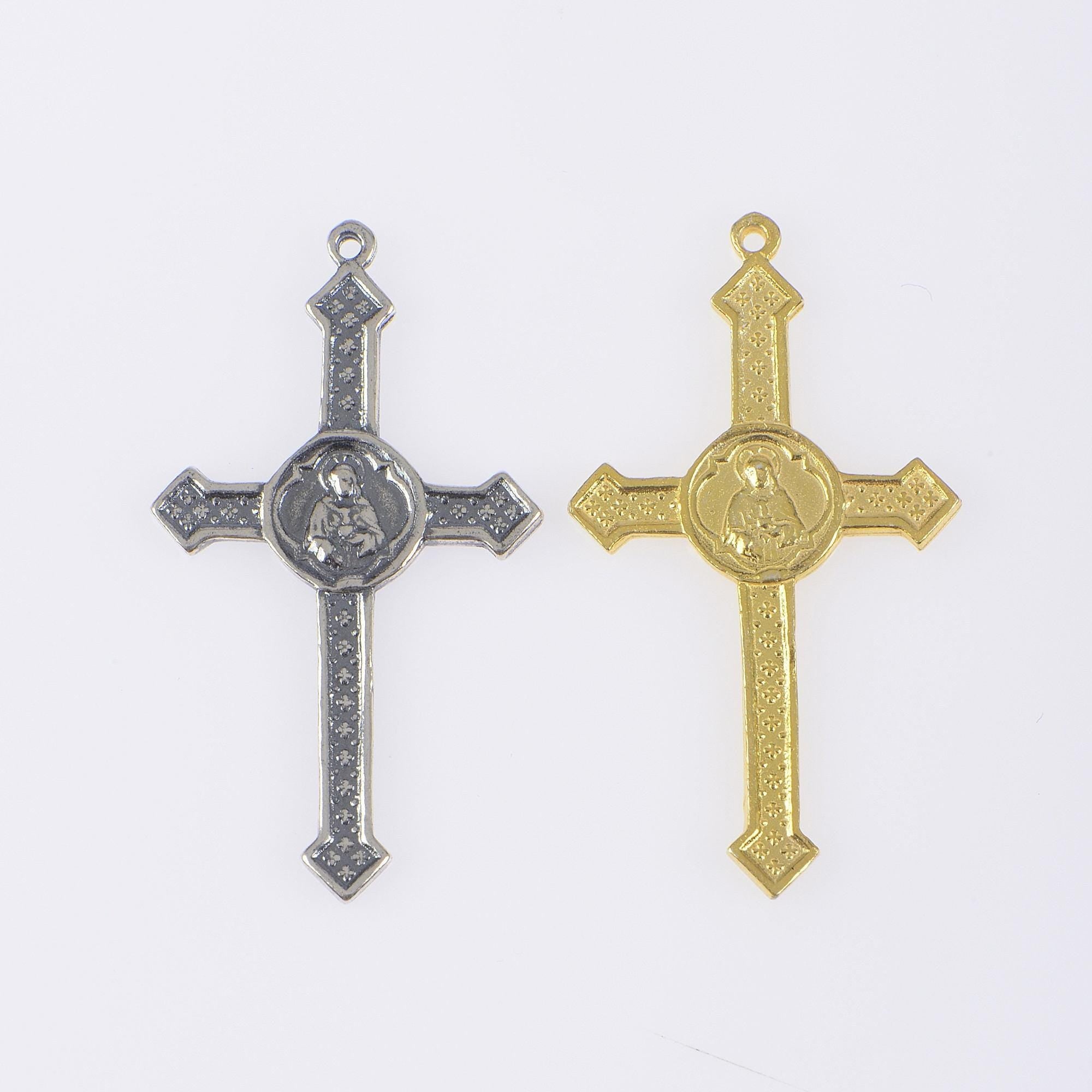 925 Sterling Silver & 24K Gold Vermeil Pointed Cross with Virgin Mary Medal, Jewelry Supply, R53-RV53