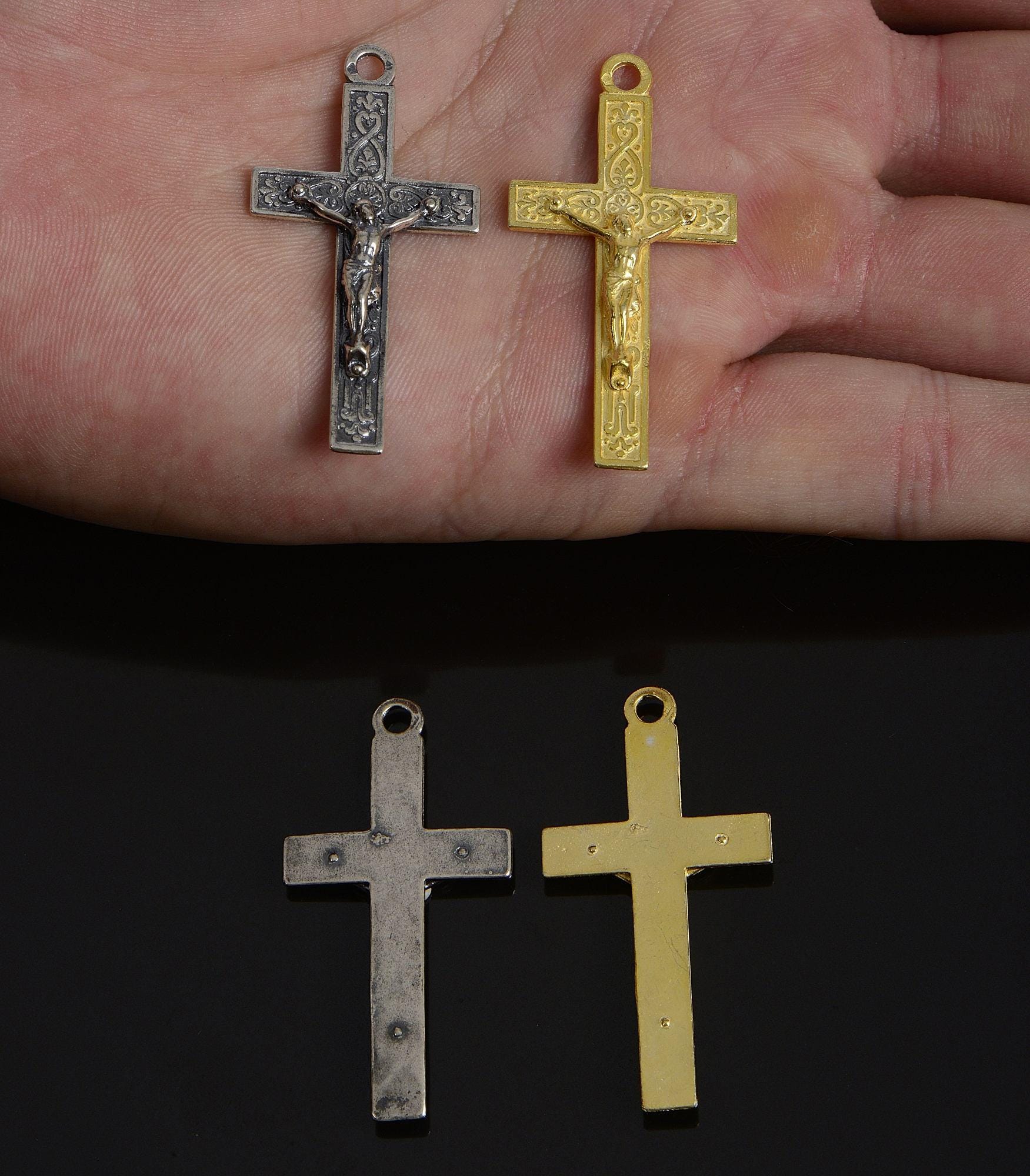 925 Sterling Silver & 24K Gold Vermeil Pendant E aborate Infinity Crucifix, Jewelry Supply, R58P-RV58P