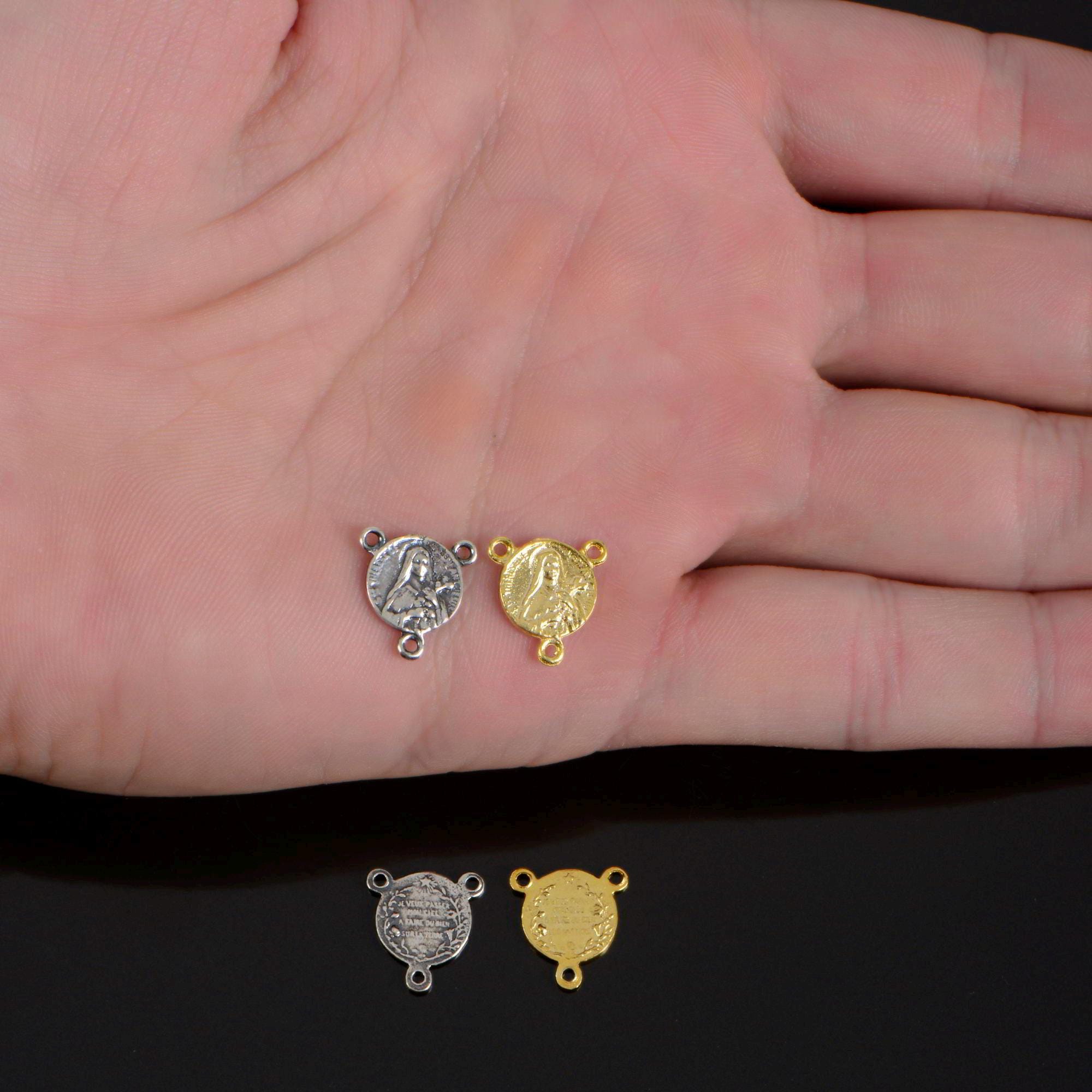 925 Sterling Silver & 24K Gold Vermeil Saint Therese Rosary Center, Jewelry Supply R74-RV74