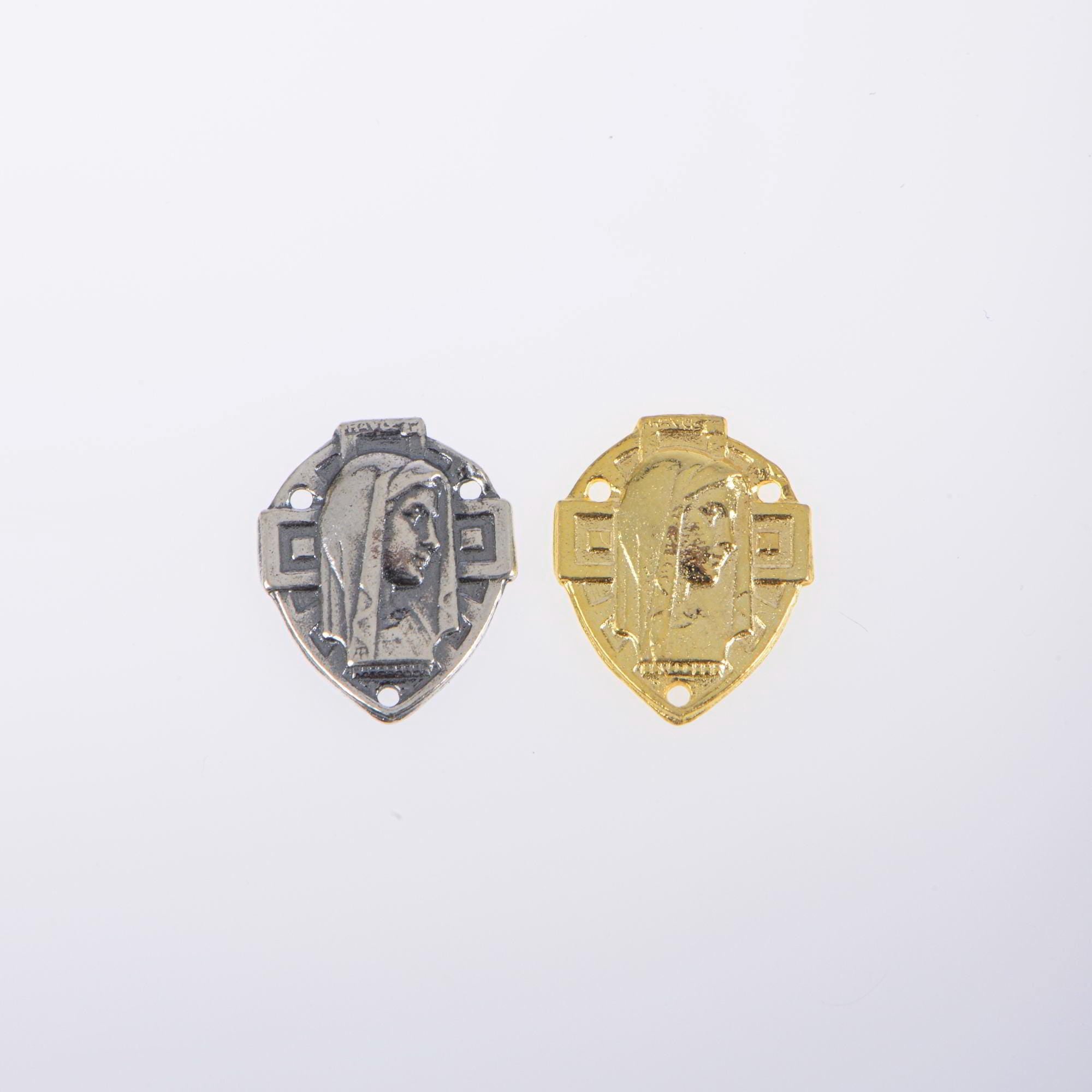 925 Sterling Silver & 24K Gold Vermeil Virgin Mary and Cross Rosary Center, Jewelry Supply, R76-RV76
