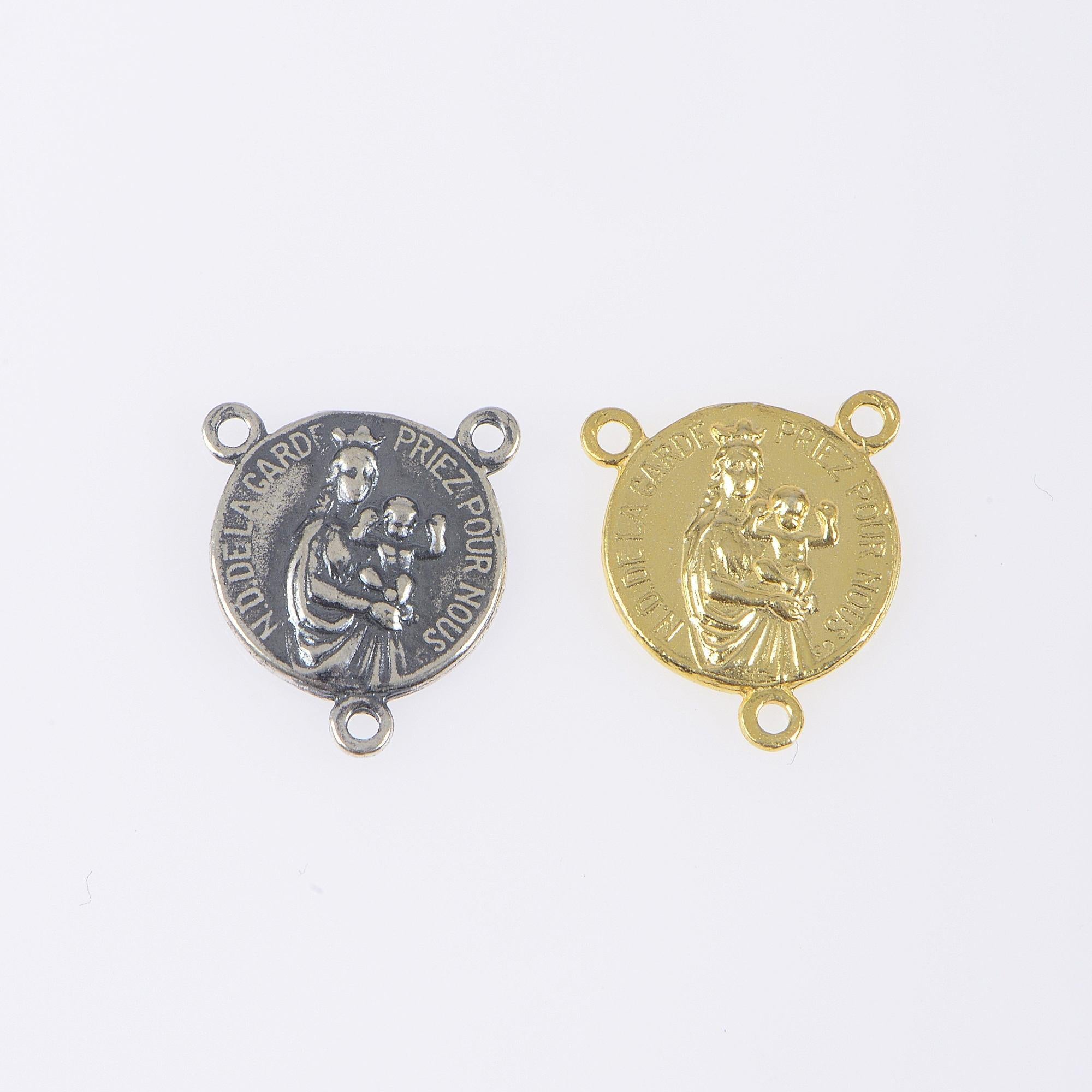 925 Sterling Silver & 24K Gold Vermeil, N.D. de la Garde and Sacred Heart of Jesus double sided Rosary Center, Jewelry Supply, R88-RV88