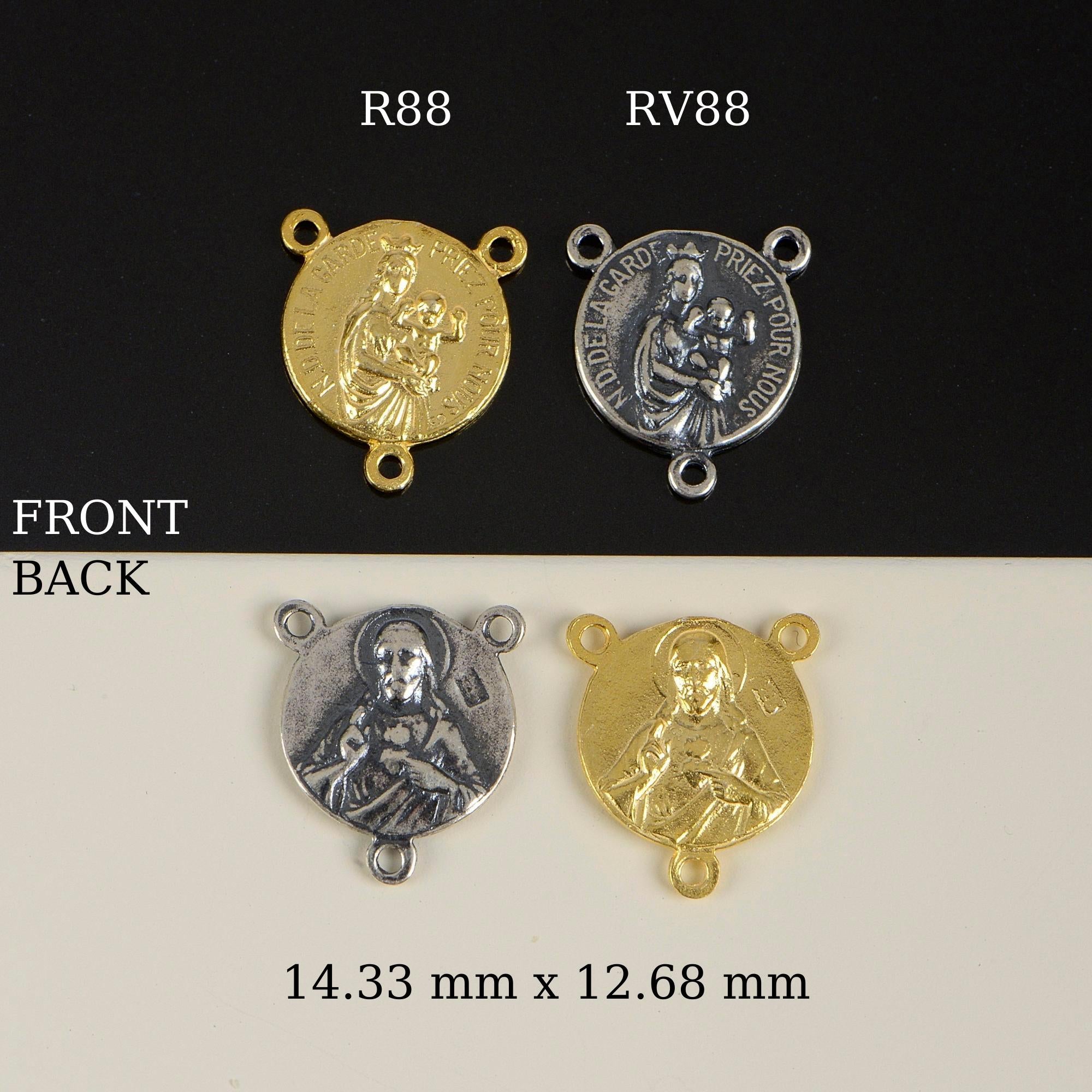925 Sterling Silver & 24K Gold Vermeil, N.D. de la Garde and Sacred Heart of Jesus double sided Rosary Center, Jewelry Supply, R88-RV88