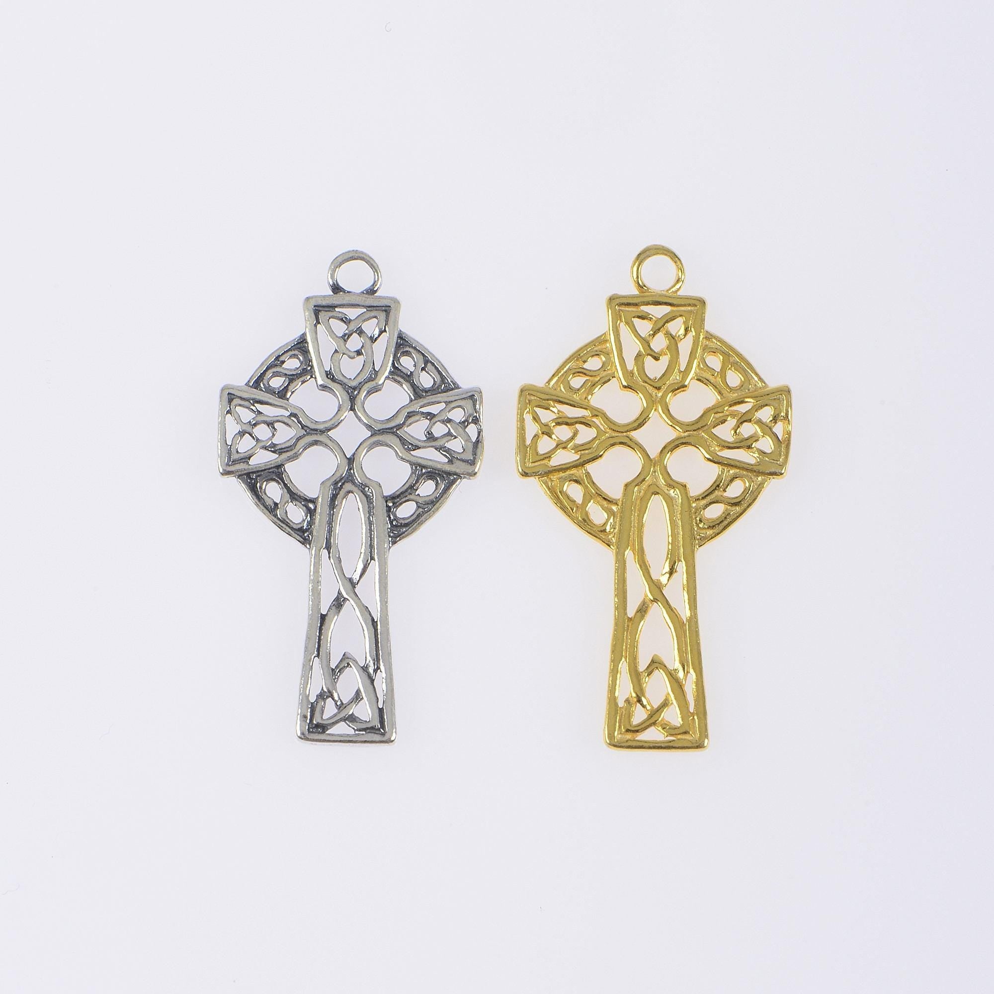 925 Sterling Silver & 24K Gold Vermeil Cross Pendant, Open Work Celtic Cross, Jewelry Supply, R34-RV34