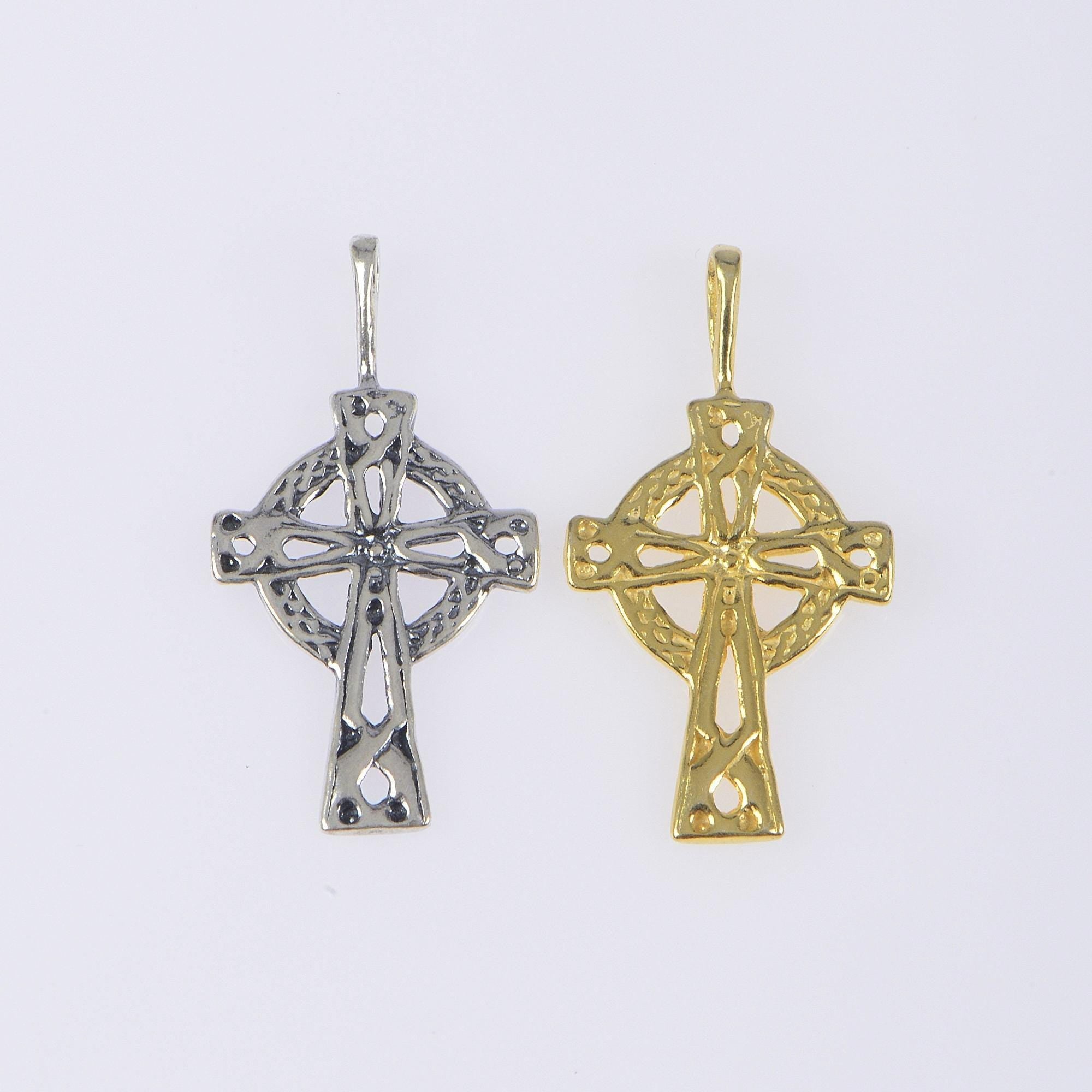 925 Sterling Silver & 24K Gold Vermeil Cross Pendant, Small open Work Celtic Cross with Straight Bail, Jewelry Supply, R33-RV33
