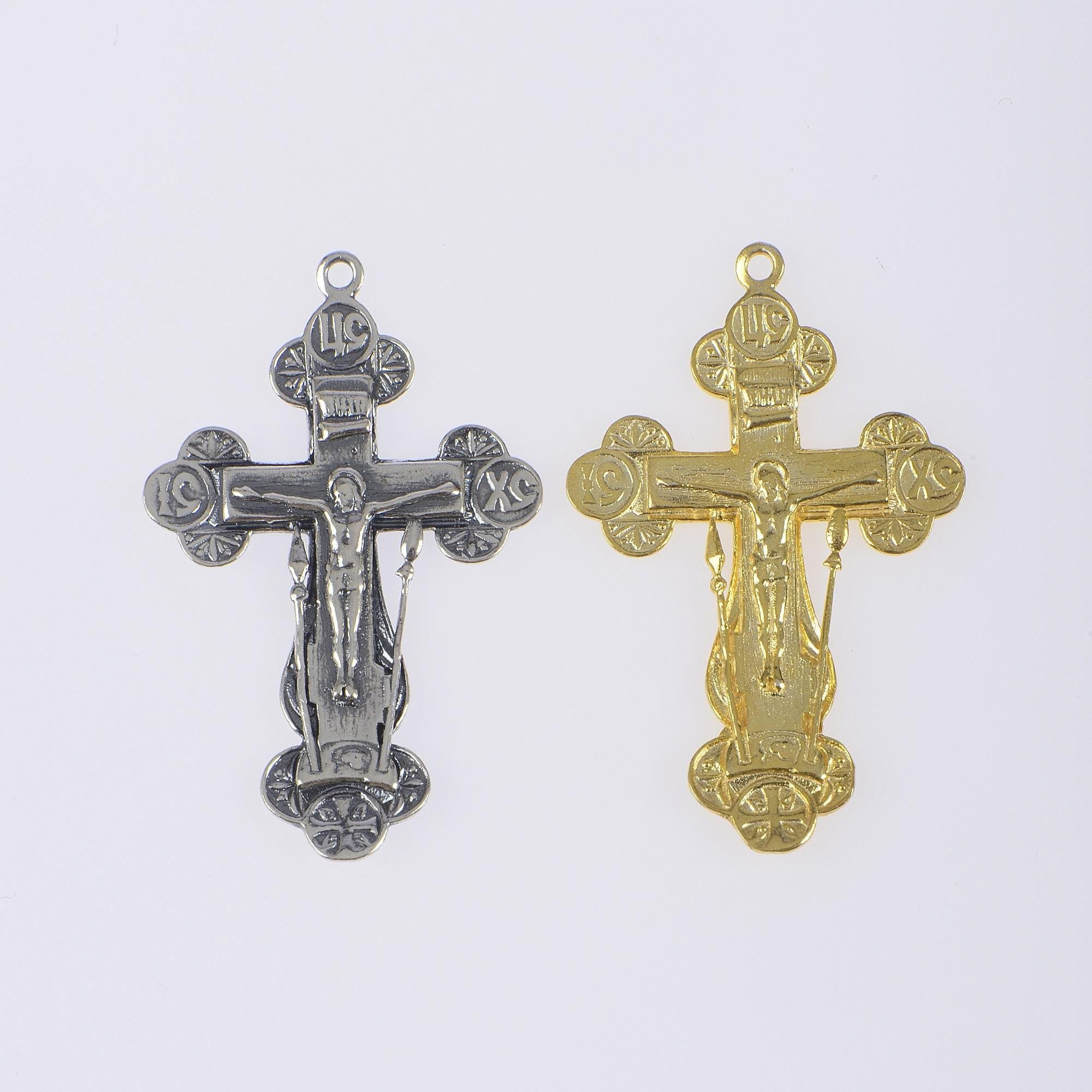 925 Sterling Silver & 24K Gold Vermeil Pendant, Elaborate large Orthodox Crucifix with Instruments of Tirture, Jewelry Supply, R40-RV40