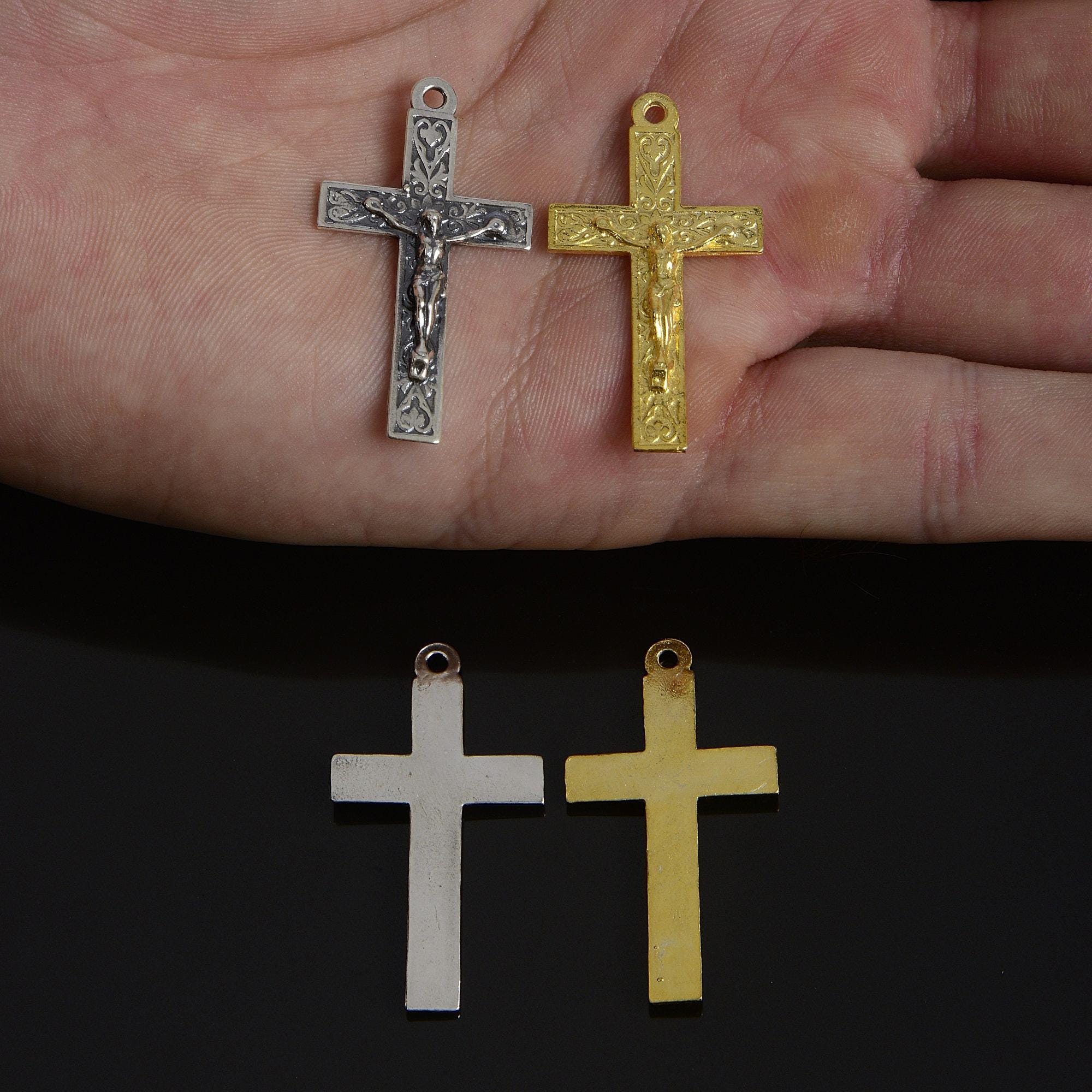 925 Sterling Silver & 24K Gold Vermeil Cross Pendant , Pendant Elaborate Crucifix with Art Nouveau Style, Jewelry Supply, R45P-RV45P