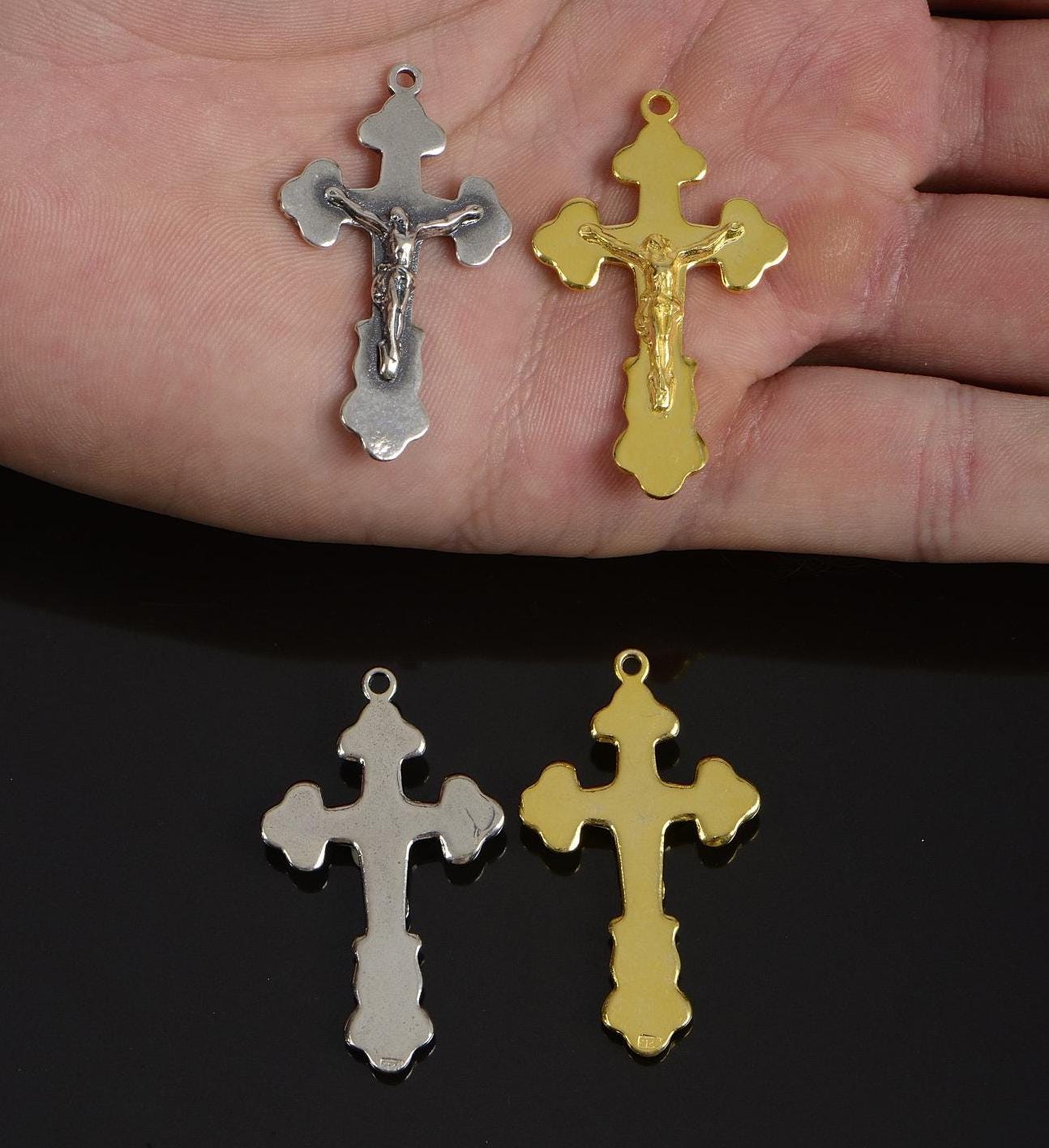 925 Sterling Silver & 24K Gold Vermeil Cross Pendant, Oriental Type Crucifix, Jewelry Supply, R35-RV35
