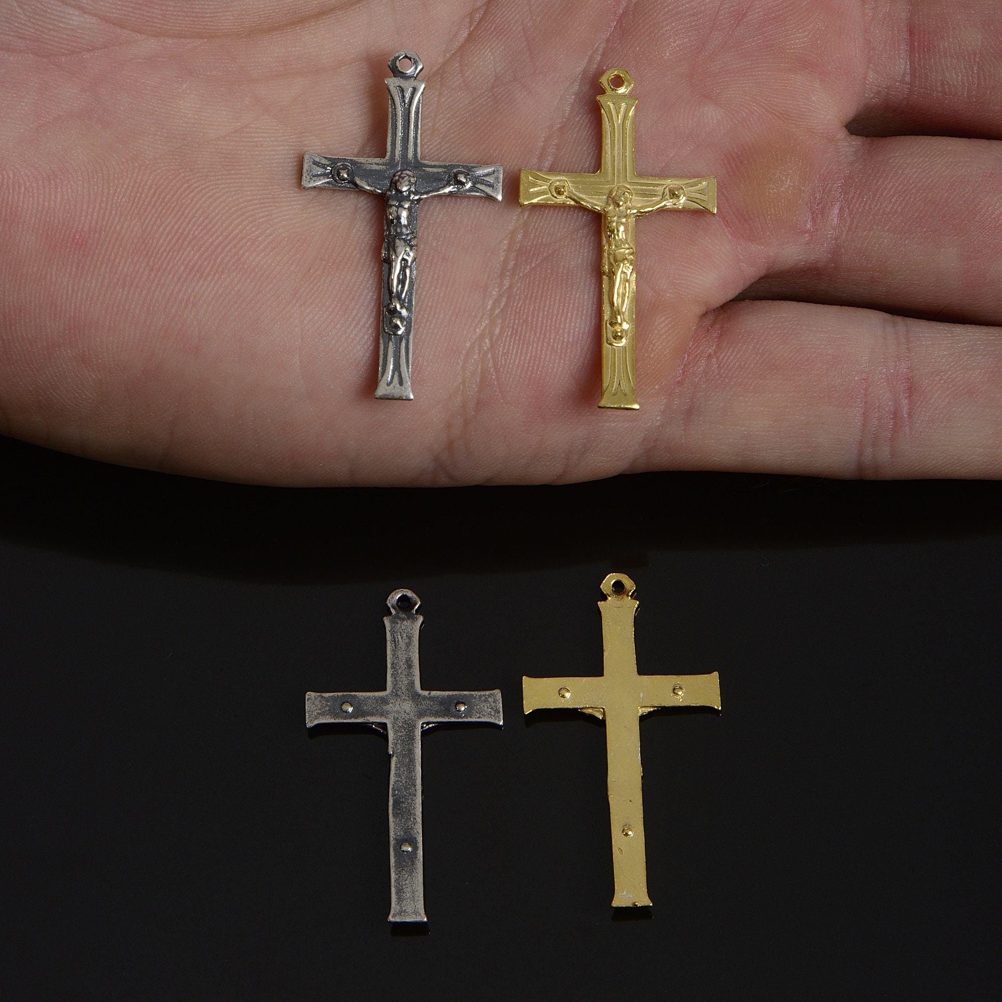 925 Sterling Silver & 24K Gold Vermeil Cross Pendant, Pendant Art Deco Rosary Crucfix, Jewelry Supply, R48P-RV48P