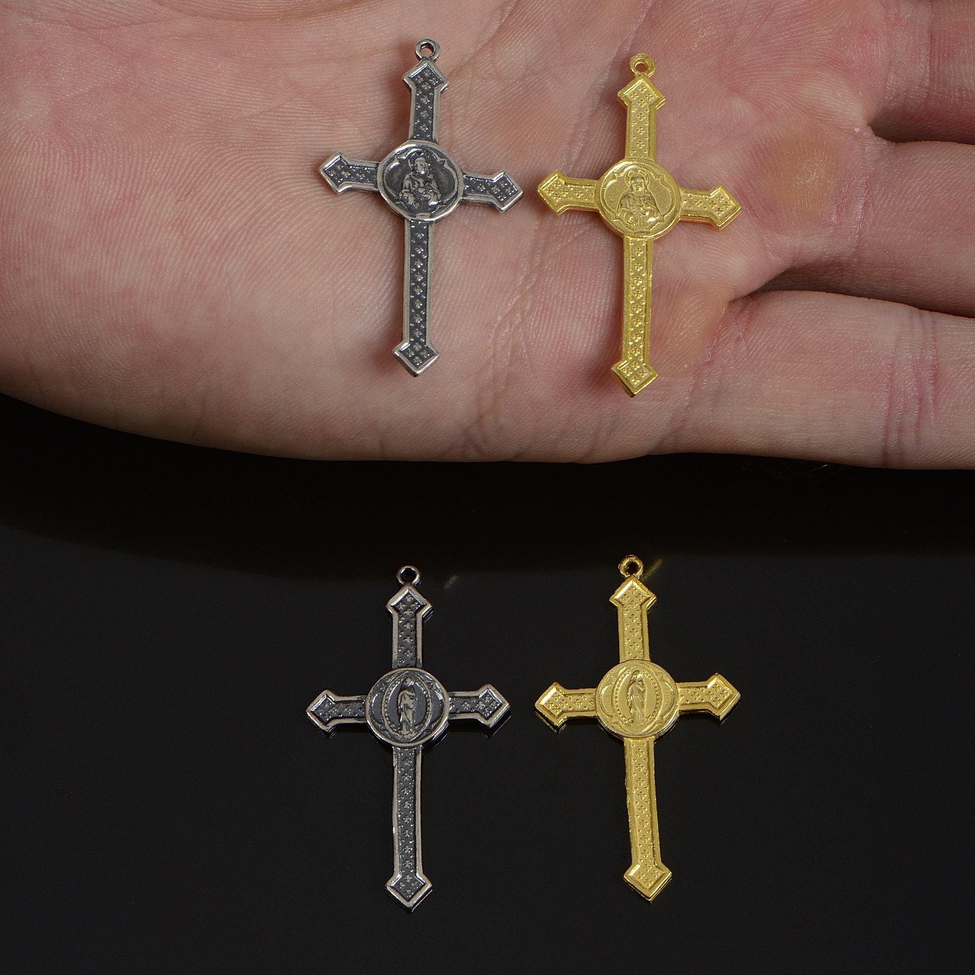 925 Sterling Silver & 24K Gold Vermeil Pointed Cross with Virgin Mary Medal, Jewelry Supply, R53-RV53