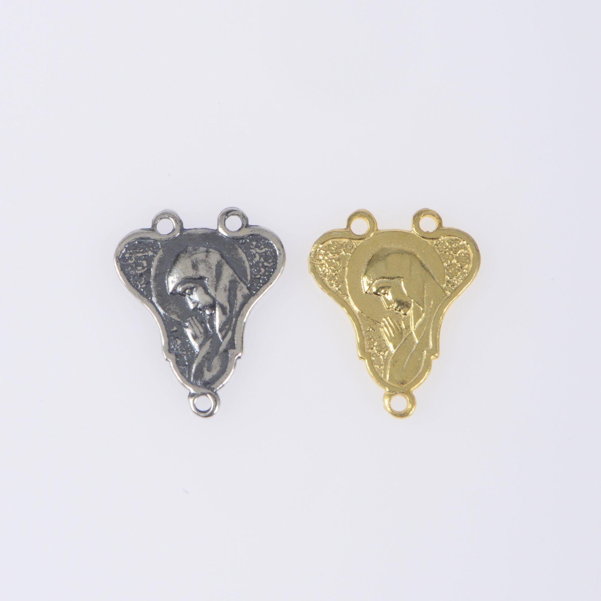 925 Sterling Silver & 24K Gold Vermeil Rosary Center, Two Sided Jesus and Mary Heart Shaped Rosary Center, Jewelry Supply, R72-RV72