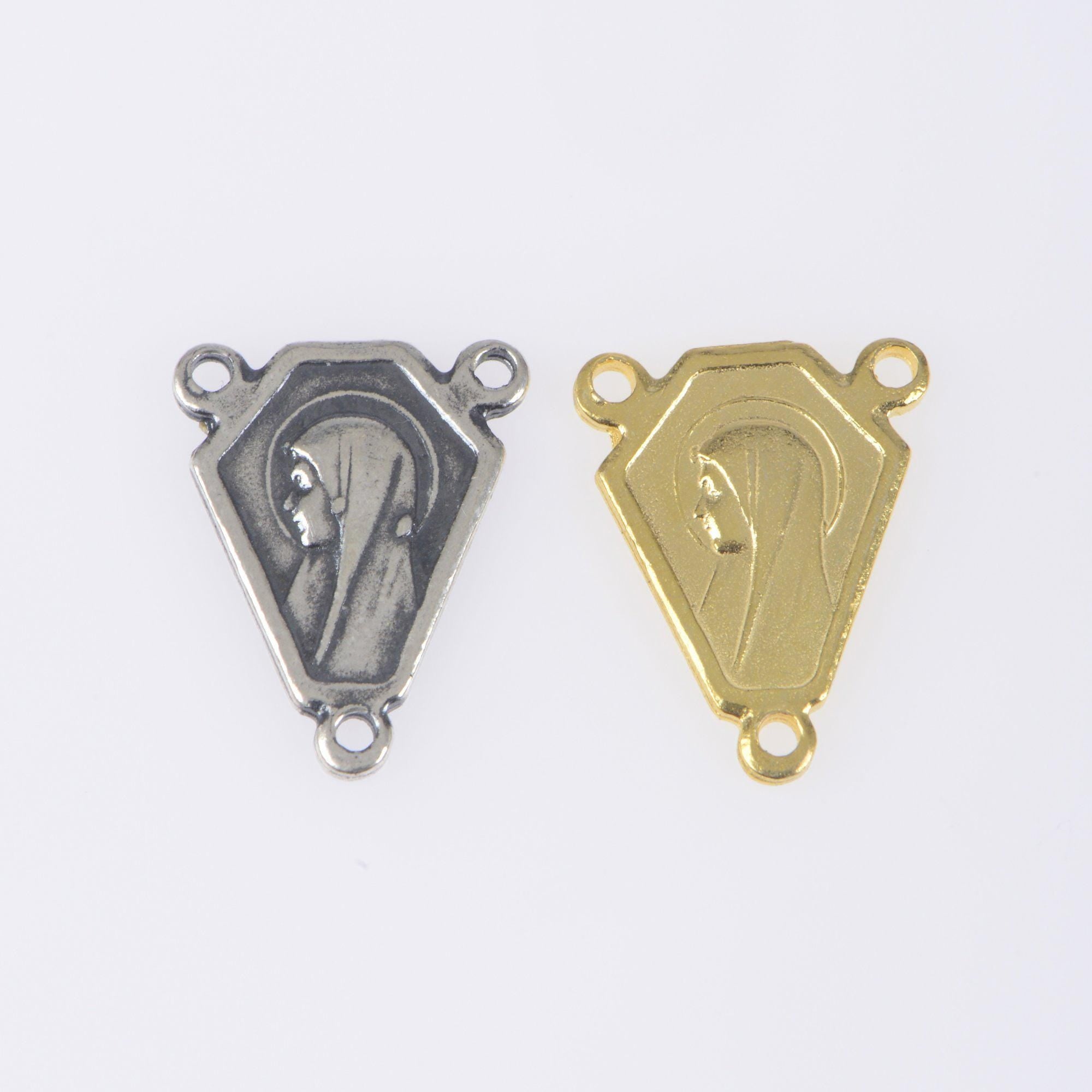 925 Sterling Silver & 24K Gold Vermeil Virgin Mary Simple Center w Fleur de Lys on Reverse Rosary Center, Jewelry Supply, R78-RV78