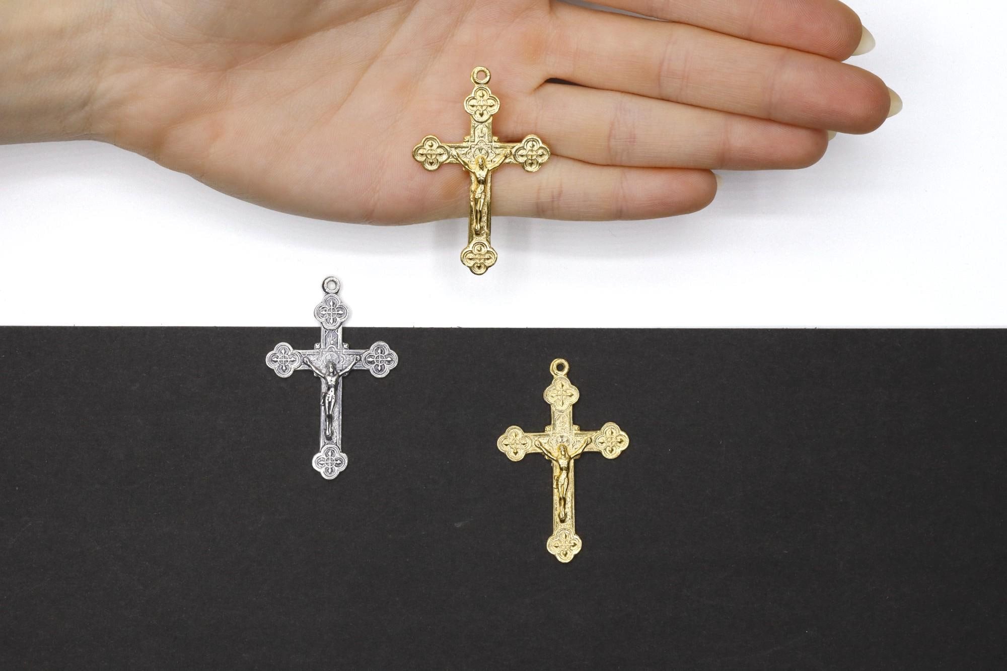 925 Sterling Silver & 24K Gold Vermeil Rosary Crucifix, Cross, Art Nouveau Style, Jewelry Making Supply, R6b-RV6b