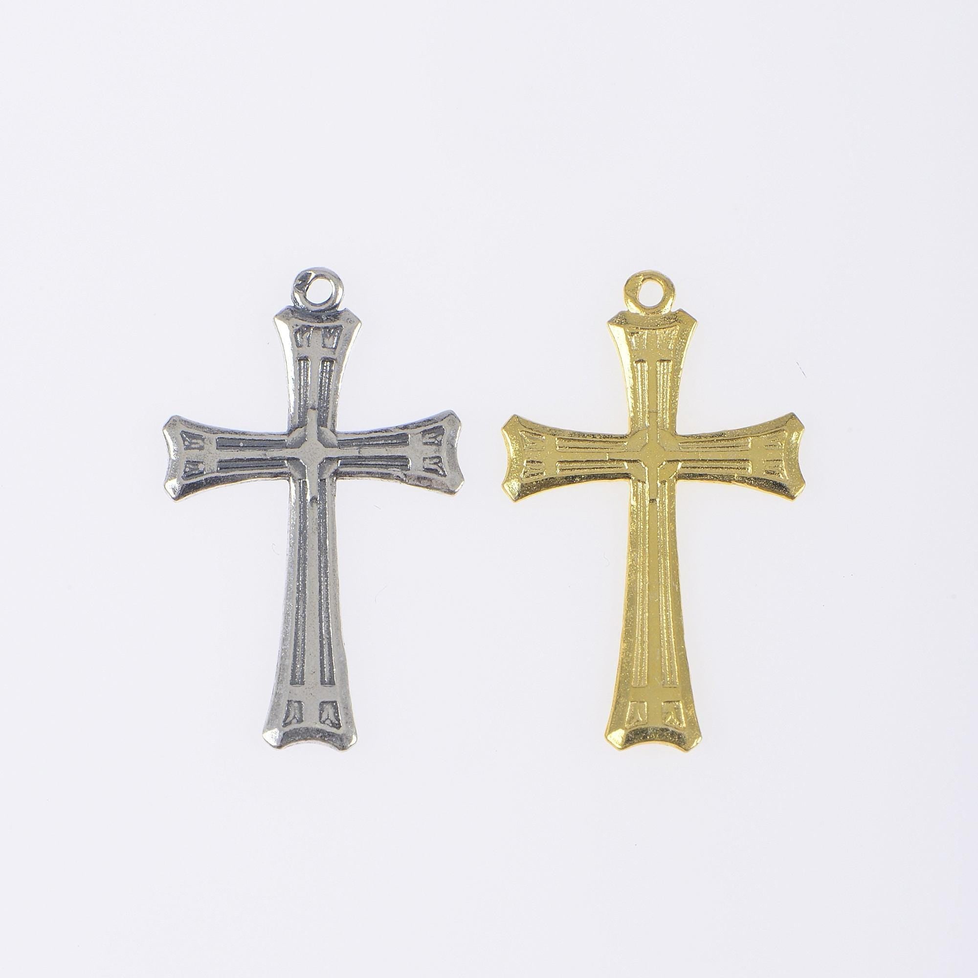 925 Sterling Silver & 24K Gold Vermeil Straight lines Art Deco Cross, Jewelry Supply, R59-RV59