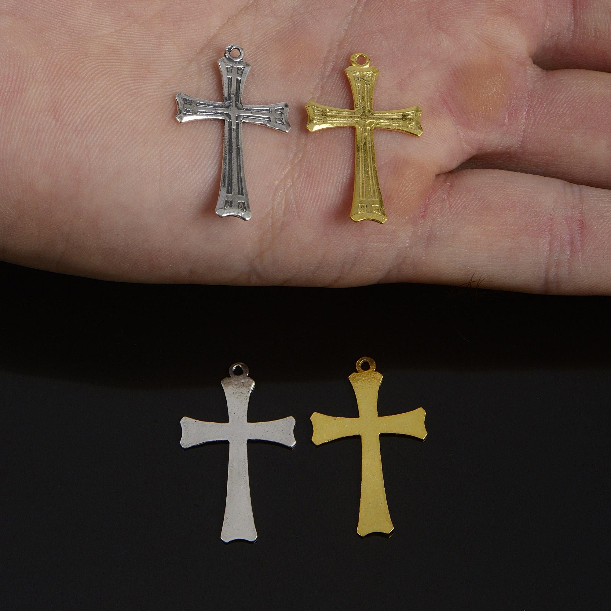 925 Sterling Silver & 24K Gold Vermeil Straight lines Art Deco Cross, Jewelry Supply, R59-RV59