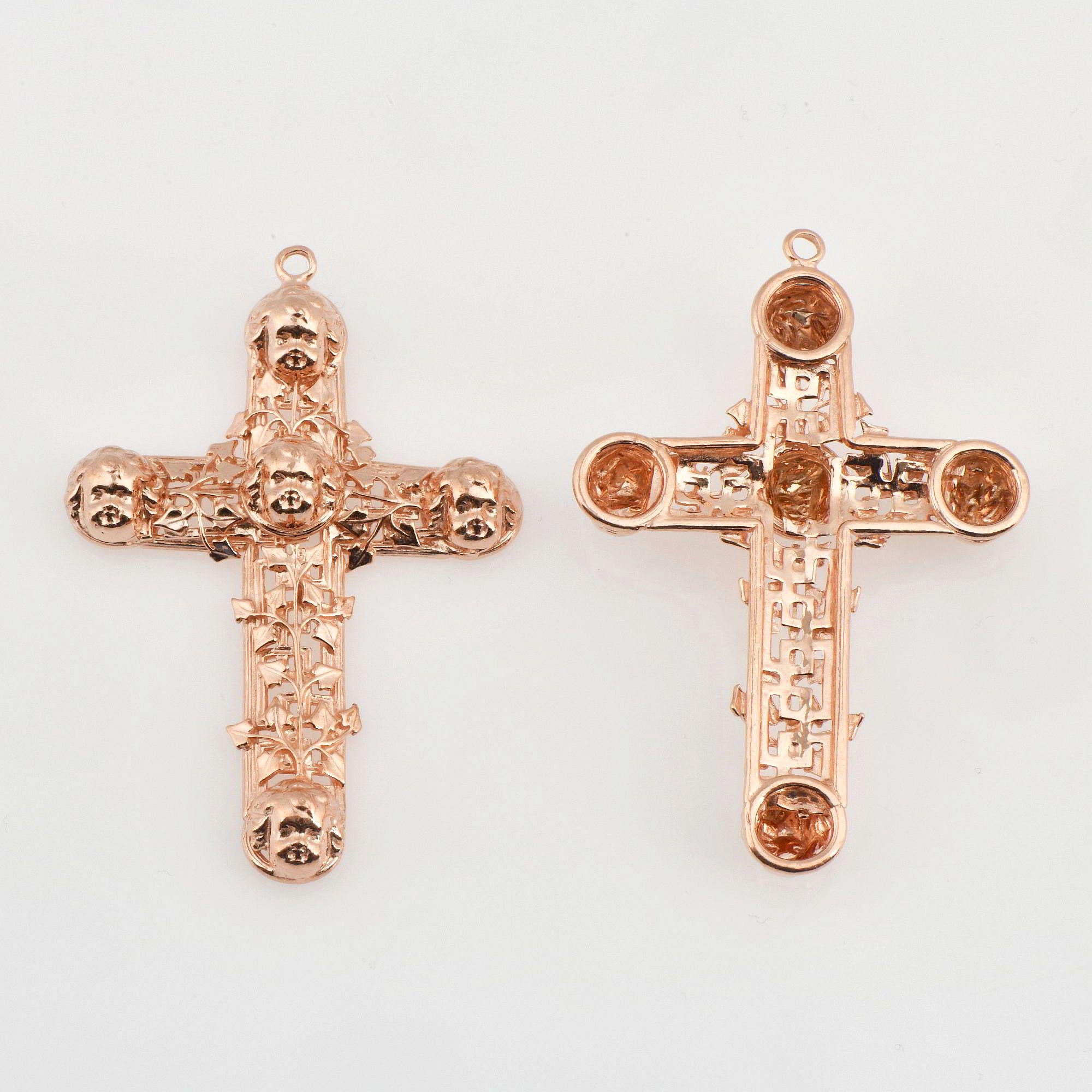Large 925 Sterling Silver Rose Gold Filigree Angel Head Cross, Pectoral Pendant – Art Nouveau – Rare, Jewelry Supply, RGR14