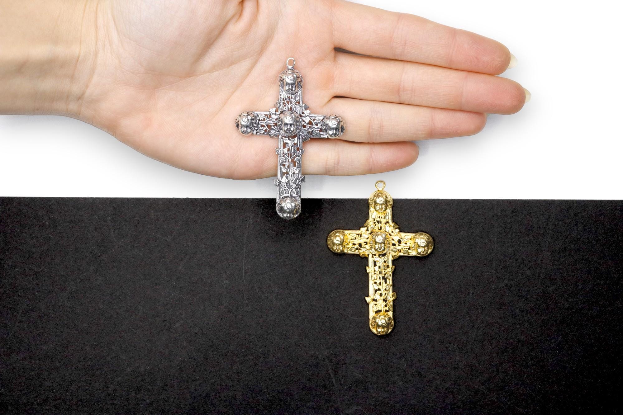 Large 925 Sterling Silver & 24K Vermeil Filigree Angel Head Cross, Pectoral Pendant – Art Nouveau – Rare, Jewelry Supply, R14-RV14