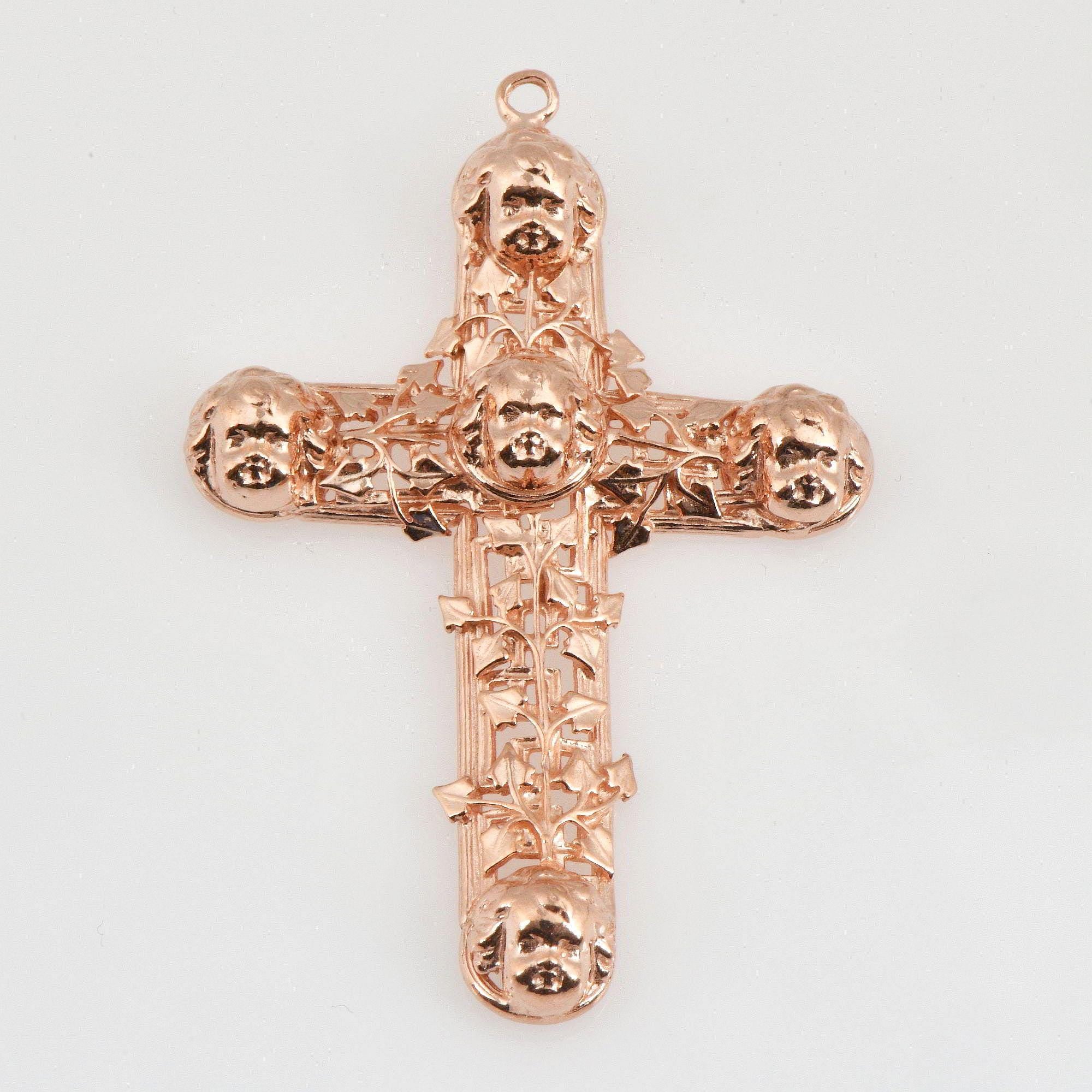 Large 925 Sterling Silver Rose Gold Filigree Angel Head Cross, Pectoral Pendant – Art Nouveau – Rare, Jewelry Supply, RGR14