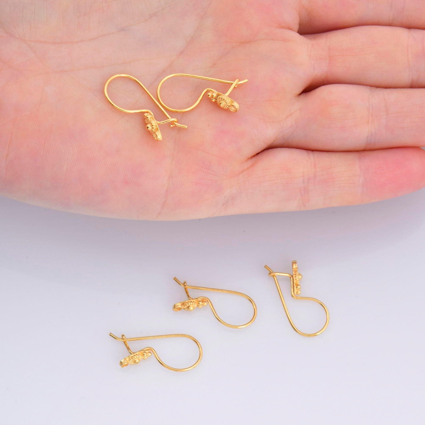 24K Gold Vermeil Ear Wires, Sterling Silver Earring Hooks in 24K Gold, Flower Ear Wires, Earrings Making Supply, Jewelry Findings, M40/VM40