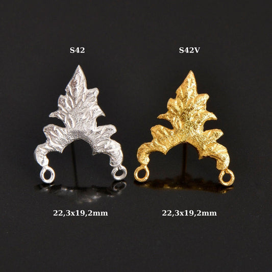 24K Gold Vermeil Flower Earring Posts, Solid Silver Leaf Stud Earrings with Hoops, Earring Stud Components, Jewelry Making Findings,S42V/S42