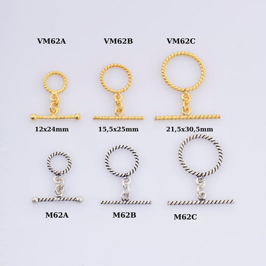 24K Gold Vermeil Twisted Toggle Clasps, Twisted Rope Design Toggle Clasp Set, Toggle Clasps in 24K Gold, Jewelry Supplies, Findings, VM62A-C